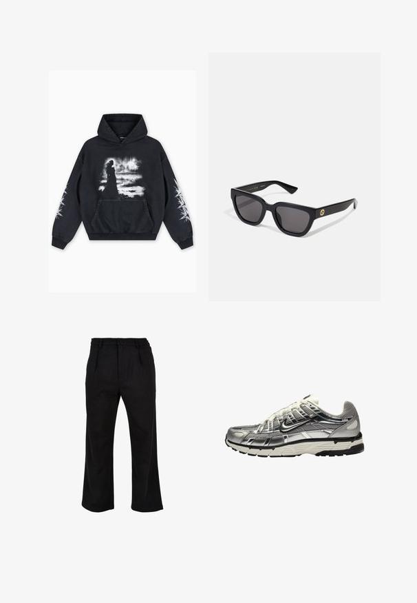 Zwarte hoodie met een voorzijde afbeelding van een silhouet tegen een gestructureerde achtergrond, met witte accenten op de mouwen en een kangoeroezak.; Zwarte rechte broek met knoop- en ritssluiting, riemlussen en zijzakken, gepresenteerd tegen een witte achtergrond.; Zilveren en zwarte sportschoen met een bovenwerk van mesh en synthetisch materiaal, een volumineus ontwerp en een gestructureerde afwerking. Voorzien van een gevoerde kraag en een rubberen zool.; Zwarte rechthoekige zonnebril met een glanzende afwerking, donkere lenzen en goudkleurige accenten op de poot met het logo.