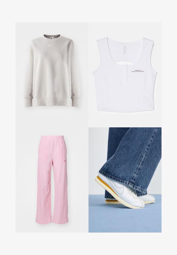 Light gray sweatshirt with a crew neckline, long sleeves, ribbed cuffs, and hem. Features a small white Nike logo on the chest. Smooth texture.; White cropped tank top made of cotton blend material. Features a keyhole cutout at the back and black printed logo details on the front.; Pink elastic-waist pants with a relaxed fit. Features a red logo on the left side and a smooth, lightweight texture.; White leather sneakers with yellow accents, round toe, and textured rubber sole, paired with dark blue denim flared pants.