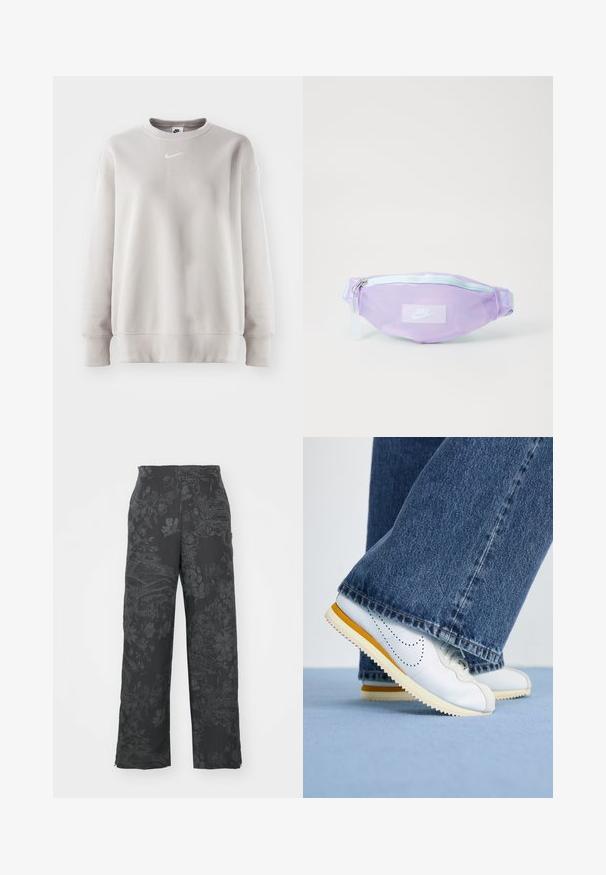 Világosszürke pulóver, lekerekített nyakkivágással, hosszú ujjakkal, bordás mandzsettákkal és aljjal. A mellkasán egy kis fehér Nike logó található. Sima textúra.; Fekete nadrág, amely texturált virágmintával rendelkezik, egy kicsit sötétebb árnyalatban. Egyenes lábú kialakítás közepes derékkal, látható fémalkatrészek nélkül.; Fehér bőr sportcipők sárga részletekkel, kerek orral és struktúrált gumitalppal, sötétkék farmer bő szabású nadrággal párosítva.; Lila deréktáska fényes anyagból, fehér cipzárral és Nike logóval. Simább felület és kompakt, lekerekített forma jellemzi.