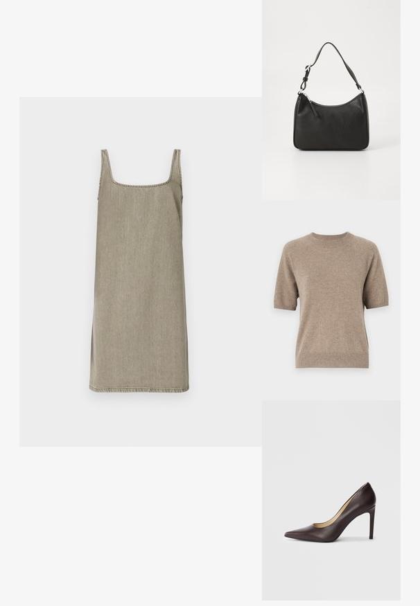 Suéter de manga corta en Beige claro, hecho de una tela suave y texturizada. Presenta un cuello redondo y puños y dobladillo acanalados. Diseño casual.; Vestido sin mangas de escote cuadrado en denim gris claro. Presenta corte recto con aberturas laterales y costuras en contraste a lo largo del escote.; Zapato de tacón alto de piel marrón oscuro, con punta afilada y un delgado tacón de stiletto, mostrado de perfil sobre un fondo blanco.; Bolso de mano de cuero negro con forma curvada, una sola correa, cierre de cremallera y marcas sutiles en la parte frontal. Textura suave, diseño minimalista.