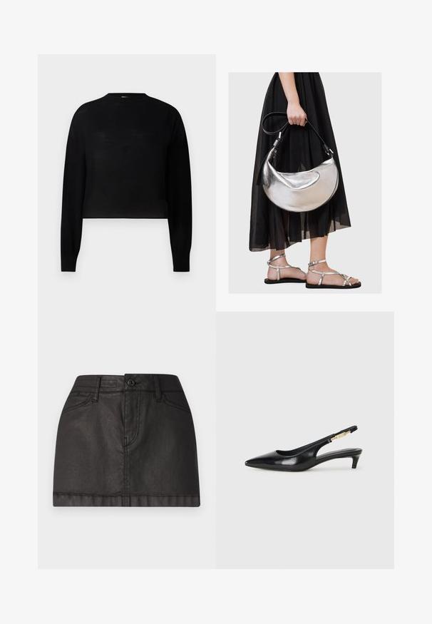 Suéter corto negro de manga larga con cuello redondo. Fabricado con un material ligero de textura suave y un diseño minimalista.; Minifalda de denim negro con cierre de botón en la parte delantera, pasadores para cinturón y dos bolsillos frontales. Textura suave con un ligero brillo.; Tacones negros de piel sintética tipo slingback con punta afilada, que cuentan con un tacón delgado y un detalle en tono dorado en la correa ajustable. Textura suave.; Bolso de cuero plateado metálico con forma de media luna y correa negra. Combinado con una falda negra, transparente y fluida, y sandalias plateadas.