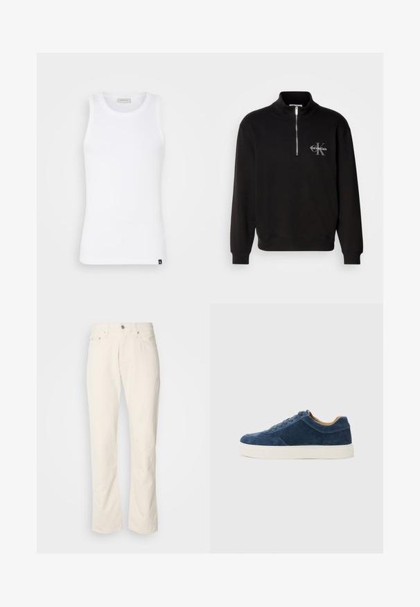 Svart genser med høy krage og kvart glidelås, med et grått "Calvin Klein"-logo og "K"-emblem på brystet. Bomullsblanding.; Hvit ermeløs tanktopp laget av ribbet stoff med rund hals og en liten logo-tag nederst. Glatt tekstur og tettsittende design.; Beige bomullsbuksar med eit klassisk rett snitt, som har frontknepping, fem lommer og subtile sømdetaljar.; Blå semsket sneakers med hvit gummisåle, snøring, rund tå og kontrasterende tan innside. Subtile sømdetaljer.