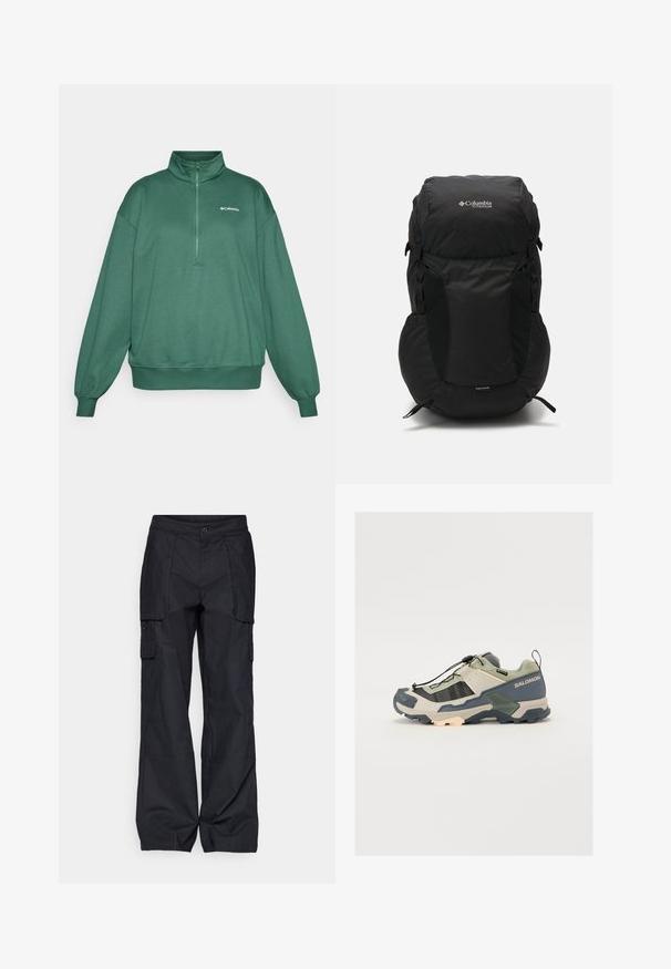Pulover verde cu fermoar la jumătate, confecționat dintr-un material moale, având guler înalt și manșete elastice. Logo-ul Columbia se află pe partea stângă, sus, pe piept.; Columbia BREA FALLS™ COTTON RIPSTOP PANT - Pantaloni outdoor - black; Pantof de alergare pe traseu cu un exterior de culoare verde deschis și gri, talpă din cauciuc, sistem de șireturi sigur, panouri texturate și accente durabile.; Rucsac negru cu vârf rotund, fabricat dintr-un material durabil. Prezintă buzunare laterale din plasă și un etichetă de protecție împotriva ploii în partea de jos.
