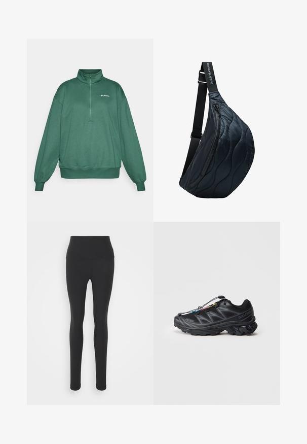 Grøn halv-zip pullover sweatshirt lavet af blødt materiale, med stående krave og elastiske manchetter. Columbia-logo på den øverste venstre bryst.; Højtaljede sorte leggings lavet af strækbart stof, med en glat overflade og fuldlængde design med en tætsiddende silhuet.; Sort atletisk sko med en struktureret mesh-overdel, forstærket tå og et hurtigt snørresystem. Har en robust ydersål og let hælforhøjelse.; Sort, quiltet sling taske med buet design, der har lynlåslukning og justerbar rem med "PeakPerformance" branding. Glat, blank tekstur.