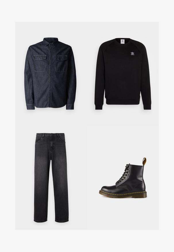 Black sweatshirt with raglan sleeves, round neck, and ribbed cuffs. Features a small white Adidas logo on the chest. Soft fabric texture.; Replay Shirt - dark blue; Dark gray denim jeans with a straight-leg design, featuring a zip fly, five pockets, and subtle fading details on the fabric.; Black leather ankle boot with yellow stitching, lace-up front, rounded toe, and a textured rubber sole. Features a pull tab at the back.