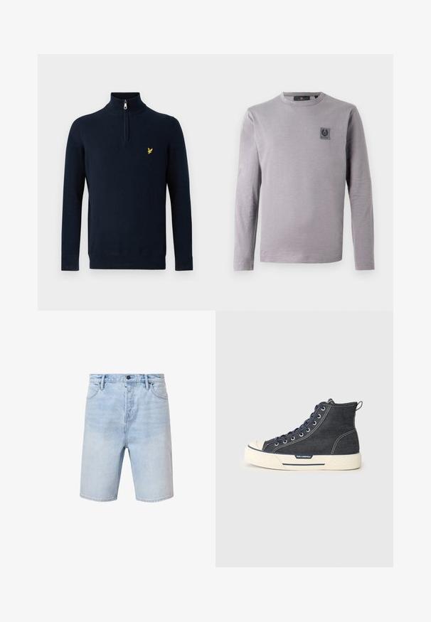 Tmavomodrý pulóver s polovičným zipsom na golieri, vyrobený z hladkej látky; na hrudi má malú žltú vyšívanú značku.; Šedé tričko s dlhým rukávom z mäkkej bavlny. Má okrúhly výstrih a malú tmavú náplasť s logom na hrudi. Hladká textúra, ležérny dizajn.; Svetlomodré riflové šortky s bežným strihom, dizajnom s piatimi vreckami a gombíkovým zapínaním. Majú jemné vyblednutie a prešité lemy.; High-top tenisky vyrobené z tmavého denimu s krémovou gumovou podrážkou, s námorníckymi šnúrkami a zadným úchytom. Logo na boku.