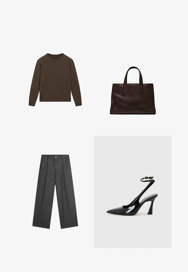 Brązowy sweter dzianinowy z okrągłym dekoltem i długimi rękawami. Posiada prążkowane mankiety i dół, wykonany z miękkiego, lekkiego materiału.; Ciemnoszare, szerokie spodnie o nogawkach z subtelnymi prążkami, z plisami z przodu i pojedynczym zapięciem na guzik w pasie.; Czarne lakierowane szpilki slingback na wysokim obcasie z wydłużonym noskiem, regulowanym paskiem na kostce i umiarkowanym obcasem w kształcie bloku. Gładka struktura z błyszczącym wykończeniem.; Brązowa skórzana torba tote z dwoma wydłużonymi uchwytami, usztywnionym prostokątnym kształtem, gładką teksturą i subtelnymi detalami przeszycia.
