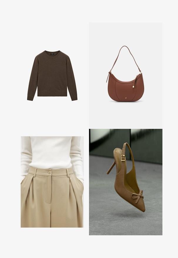 Brązowy sweter dzianinowy z okrągłym dekoltem i długimi rękawami. Posiada prążkowane mankiety i dół, wykonany z miękkiego, lekkiego materiału.; NA-KD - Spodnie materiałowe; Brązowe skórzane czółenka na szpilce ze spiczastym noskiem i dekoracyjną kokardką na szarym tle z ciemnym, rozmytym tłem.; Brązowa torebka na ramię z eko-skóry o zaokrąglonym kształcie, z minimalnym przeszyciem i złotym akcentem na okuciach. Posiada zamek błyskawiczny u góry oraz regulowany pasek.