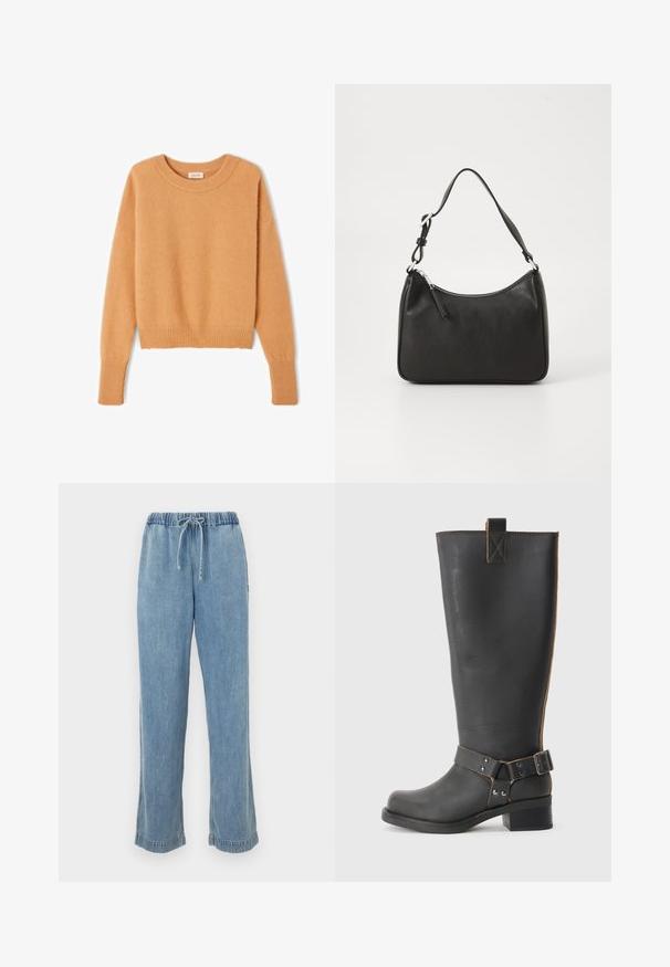 Amber barva puloverja, izdelanega iz mehke, puhaste tkanine. Ima krožni ovratnik, rebraste manšete in skrajšan dizajn z ohlapnim krojem.; Svetlo modri jeansi z elastičnim pasom, vrvico in zavihanimi rokavi. Ravno krojena zasnova s sproščenim krojem.; Črne usnjene škornje do kolen z teksturirano obdelavo, ki imajo stranski sponko in nizko peto. Podrobno šivanje po šivih.; Črna usnjena torba za roke s ukrivljenim oblikom, enim trakom, zadrgo in diskretnim blagovnim znamkom na sprednjem delu. Gladka tekstura, minimalističen dizajn.