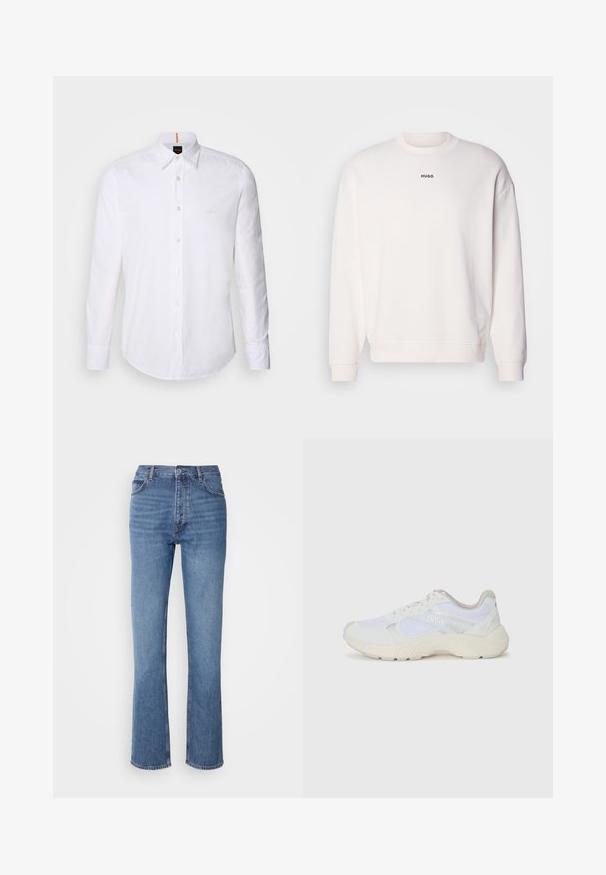 Bijela dukserica s okruglim izrezom, napravljena od meke mješavine pamuka, s opuštenim krojem, rebrastim manžetama i crnim "HUGO" logotipom na prsima.; Bijela košulja dugih rukava s dugim rukavima izrađena od pamuka, koja ima klasični ovratnik, suptilan logo u blizini grudnog koša i bijele gumbe.; Plave traperice s visokim strukom, ravnim krojem i suptilnim izbljeđivanjem. Imaju klasičan stil s pet džepova i zatvaranje na patentni zatvarač.; Bijele atletske tenisice napravljene od mrežastog materijala i kože antilop, s teksturiranom srednjom potplatom, teksturiranim detaljima i "HUGO" logotipom sa strane.