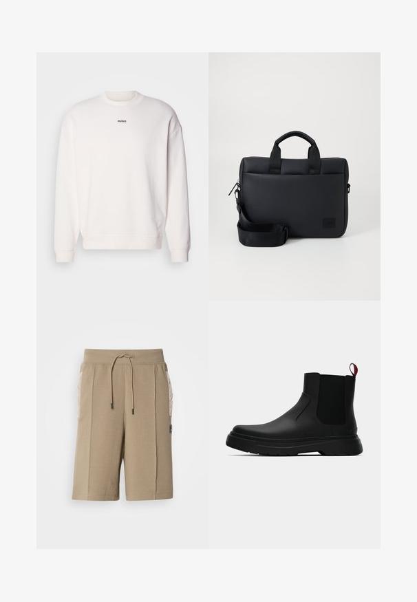 Sweatshirt blanc à col rond en mélange de coton doux, présentant une coupe décontractée, des poignets côtelés, et le logo "HUGO" en noir sur la poitrine.; Shorts en coton beige avec une taille élastique et un cordon de serrage. Comprend des poches latérales matelassées et un patch logo sur le devant.; Bottines noires avec une finition lisse, des panneaux latéraux élastiques et une languette rouge contrastante, présentant une semelle en caoutchouc épaisse et un bout arrondi.; Sacoche pour ordinateur portable noire texturée avec deux poignées supérieures, une bandoulière amovible, une fermeture éclair et un petit patch logo pour le branding.