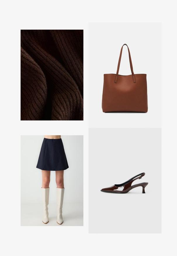 Dunkelbrauner gerippter Stoff mit einer weichen Textur, der ein gewelltes Muster und dezenten Glanz aufweist, gefaltet, um Tiefe und Dimension zu zeigen.; Marinefarbener A-Linien-Rock mit vertikalen Nadelstreifen, gefärbtem Design und elastischem Taillenbund. Kombiniert mit glänzenden, knielangen weißen Stiefeln.; Braune Lackleder-Slingback-Schuhe mit spitzer Zehe und moderatem Absatz. Mit einem Schnallenriemen für einen sicheren Sitz. Glatte Textur.; Braune Leder-Tote mit glatter Textur, offenem Oberteil und zwei Schulterriemen. Verfügt über minimale Nähte und keine sichtbaren Beschläge.