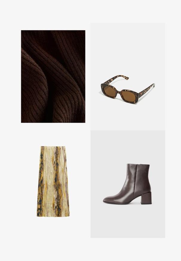 Donkerbruin ribbenstof met een zachte textuur, voorzien van een golvend patroon en subtiele glans, gevouwen om diepte en dimensie te tonen.; Aangesneden midi rok van gestructureerde stof met golvende patronen in geel, paars en blauw, met een natuurlijke val.; Bruine leren enkelboot met een elegant ontwerp, spitse neus en vierkante blokhak. Gladde textuur en minimalistische silhouet.; Tortoiseshell zonnebril met een ronde, stevige montuur en bruine lenzen. Heeft subtiele patronen en rechte, taps toelopende veren.; Donkerbruine leren handtas met een gebogen vorm, ritsluiting en een korte handgreep. Voorzien van metalen hardware en decoratieve zwarte knopen aan de zijkant.