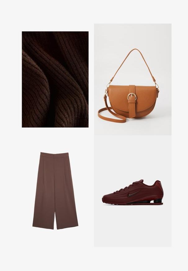 Ciemnobrązowy, prążkowany materiał o miękkiej teksturze, z falistym wzorem i subtelnym połyskiem, złożony w celu ukazania głębi i wymiaru.; Brązowe spodnie o szerokich nogawkach z gładką fakturą, z wysokim stanem i plisami z przodu. Materiał jest lekki i luźno opada.; Bordowy sneaker Nike z czarnymi akcentami na podeszwie, sznurówkach i logo swoosh, zaprezentowany w profilu bocznym na białym tle.; Brązowa skórzana torba na ramię o zaokrąglonym kształcie, ze złotymi akcentami i zapięciem w formie klamry. Posiada odpinany pasek na ramię.