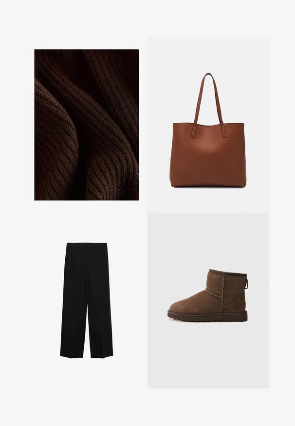 Tissu côtelé marron foncé avec une texture douce, présentant un motif ondulé et une légère brillance, plié pour montrer de la profondeur et de la dimension.; Pantalons larges noirs en tissu lisse, avec des plis sur le devant et des poches latérales, conçus avec une coupe droite et décontractée.; UGG CLASSIC MINI II - Bottes de neige - dusted cocoa; Sac fourre-tout en cuir marron avec une texture lisse, design à ouverture supérieure et deux poignées pour le porter à l'épaule. Présente des coutures minimales et aucun matériel visible.