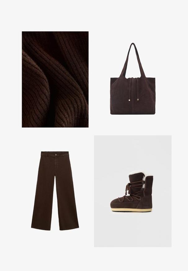 Tmavo hnedá rebrovaná tkanina s jemnou textúrou, s vlnitým vzorom a subtilným leskom, poskladaná tak, aby ukázala hĺbku a rozmer.; Hnedé široké nohavice z bavlnenej zmesi, s roztrhnutým lemom, predným zapínaním na gombík a klasickým dizajnom s piatimi vreckami. Minimalistické a všestranné.; Hnedé semišové čižmy s bielym umelým kožuchom na vrchu, s šnúrkami a svetlým gumovým podpätkom. Na boku je nápis "MOON BOOT."; Mango Veľká kabelka - dark brown