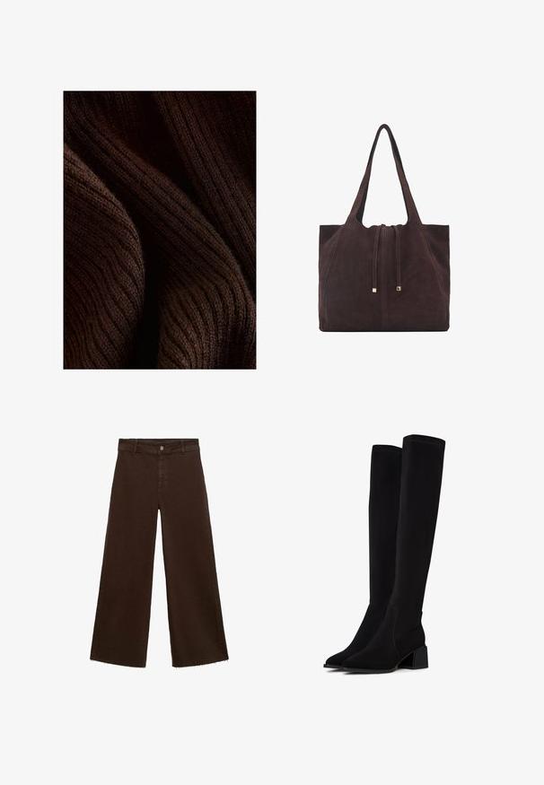 Tamno smeđi rebrasti materijal s mekanom teksturom, s valovitim uzorkom i suptilnim sjajem, presavijen kako bi se prikazala dubina i dimenzija.; Smeđe široke hlače od pamuka, s raspucanim rubom, prednjim kopčanjem na dugme i klasičnim dizajnom s pet džepova. Minimalističke i svestrane.; Crne čizme iznad koljena izrađene od mekog, teksturiranog materijala. Imaju blok-peti, šiljasti vrh i vidljive šavove.; Mango Velika torba - dark brown