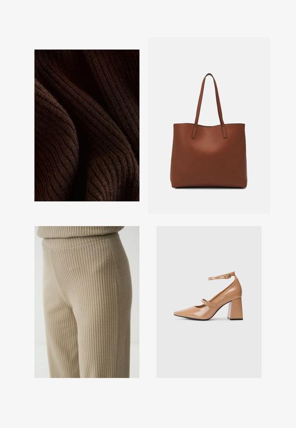 Tessuto a coste marrone scuro con una consistenza morbida, caratterizzato da un motivo ondulato e da una leggera lucentezza, piegato per mostrare profondità e dimensione.; Pantaloni in tessuto a costine beige con una leggera lucentezza, caratterizzati da un design elegante e una texture liscia, che si estendono fino a una gamba dritta.; Décolleté in vernice beige con punta affusolata, cinturino alla caviglia e tacco squadrato chunky. Texture liscia con finitura lucida.; Borsa tote in pelle marrone con texture liscia, design con apertura superiore e due spallacci. Presenta cuciture minime e nessun hardware visibile.