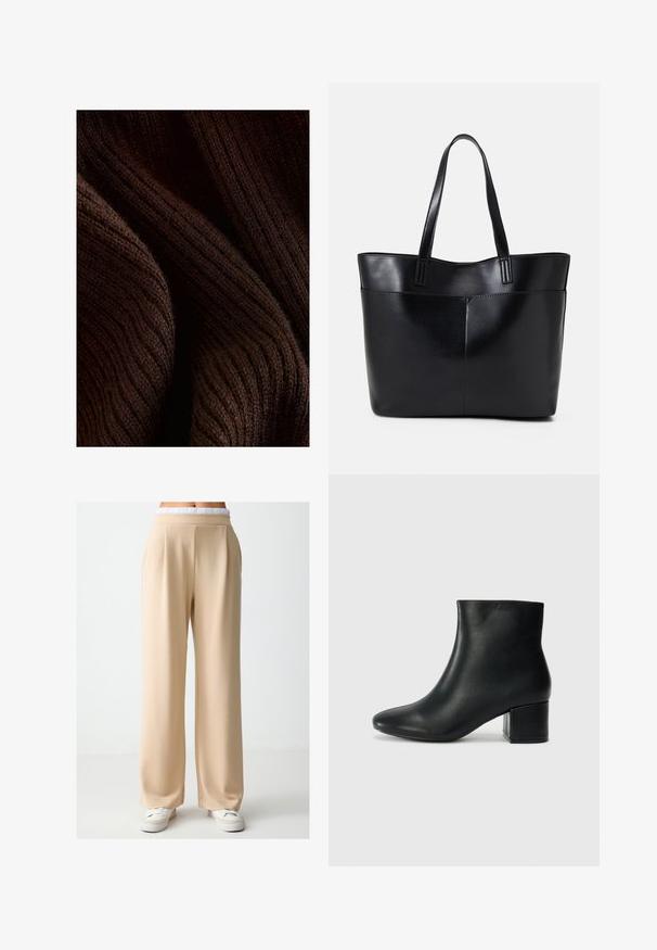 Donkerbruin ribbenstof met een zachte textuur, voorzien van een golvend patroon en subtiele glans, gevouwen om diepte en dimensie te tonen.; Beige, wijde broekspijpen gemaakt van gladde stof met een relaxte pasvorm. Kenmerken zijn een zachte, elastische tailleband en subtiele plooien aan de voorkant.; Zwarte leren enkellaarzen met een spitse neus en een chunky hak. Gladde textuur met minimale accenten en een slank, strakk ontwerp.; Zwarte leren tote bag met twee lange handvatten, een zachte textuur en een gestructureerde vorm. Voorzien van een voorvak voor extra opslagruimte.