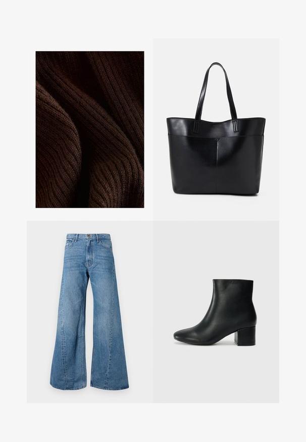 Tumši brūns ribots audums ar mīkstu tekstūru, kam raksturīga viļņaina raksts un smalka spīduma, salocīts, lai parādītu dziļumu un dimensiju.; Platas kājas zila džinsa bikses ar augstu jostasvietu, ar klasisku piecu kabatu dizainu un nelielu izsēdēšanos tekstūras dēļ.; Melna ādas potīšu zābaki ar smailu purngalu un masīlu papēdi. Gluda tekstūra ar minimāliem akcentiem un gludu, pieguļošu dizainu.; Melnas ādas iepirkumu soma ar divām garām rokturām, gludu tekstūru un strukturētu formu. Iekļauj priekšējo kabatu papildu uzglabāšanai.