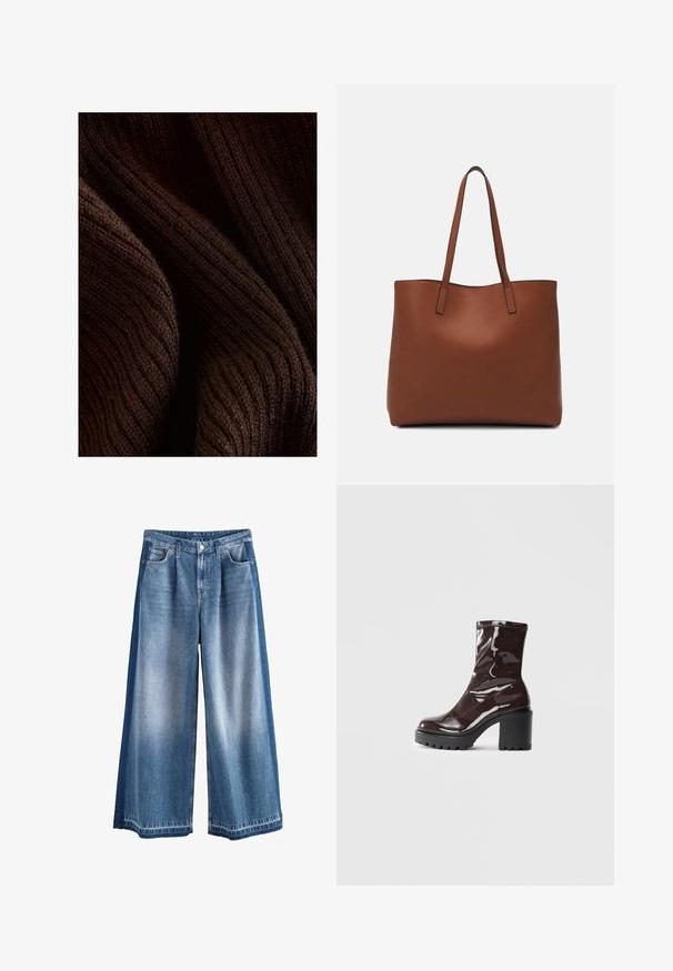 Tumepruun soonikkangast, millel on pehme tekstuur, laineline muster ja õrn sära, voltitud sügavuse ja mõõtmete väljatoomiseks.; Kergelt sinine kuni keskmise sinise tooniga laiemad denimipüksid, millel on kulunud pesu, klassikalised taskud ja nööbiga sulgur. Vastupidav puuvillane materjal.; Klakav läikiv burgundi värvi pahkluu saabas, millel on paks must konts, sile tekstuur ja lihtne disain. Nähtavad kinnitused või mustrid puuduvad.; Pruun nahast tote-kott, millel on sile tekstuur, avatud ülaosa disain ja kaks õlarihma. Omab minimaalset õmblust ja nähtavat riistvara ei ole.