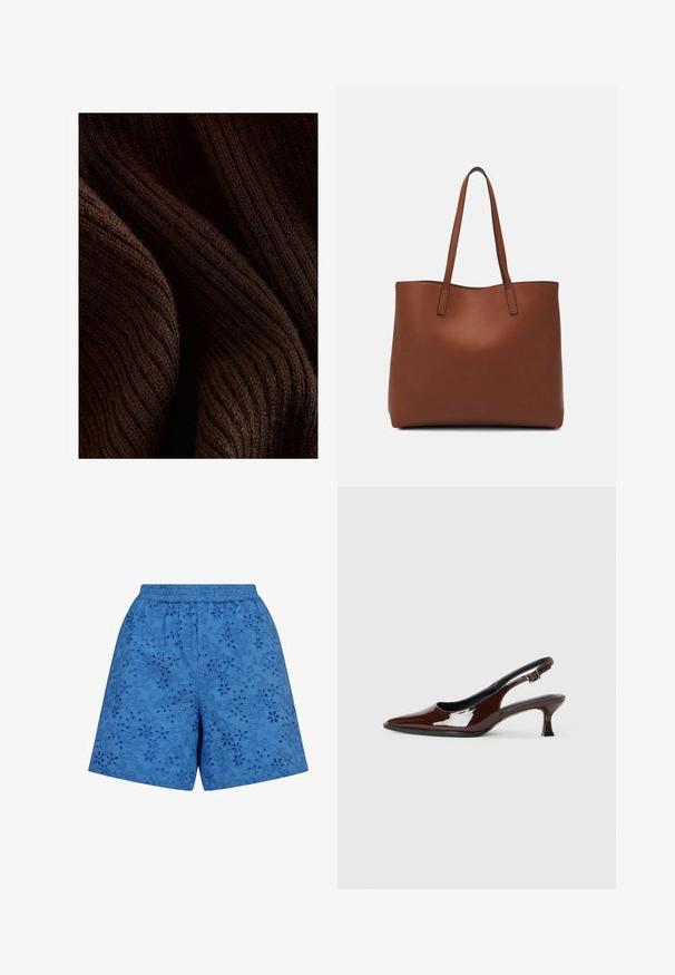 Tumepruun soonikkangast, millel on pehme tekstuur, laineline muster ja õrn sära, voltitud sügavuse ja mõõtmete väljatoomiseks.; Sinised lühikesed püksid elastse vöökohtaga, millel on tekstuurne lilleline tikand ja lõikega mustrid kogu kangas.; Pruun patentnahast slingback tossud terava nina ja mõõduka kandega. Omab pandla rihma kindla istuvuse tagamiseks. Sile tekstuur.; Pruun nahast tote-kott, millel on sile tekstuur, avatud ülaosa disain ja kaks õlarihma. Omab minimaalset õmblust ja nähtavat riistvara ei ole.