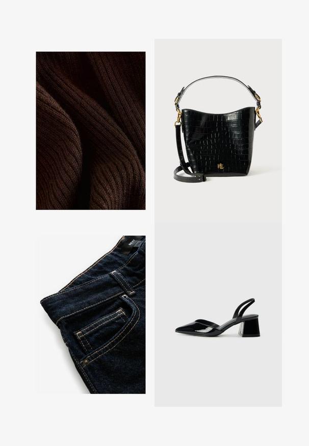 Ciemnobrązowy, prążkowany materiał o miękkiej teksturze, z falistym wzorem i subtelnym połyskiem, złożony w celu ukazania głębi i wymiaru.; Granatowe dżinsy z kontrastowymi pomarańczowymi szwami, z kieszenią z przodu, detalami w postaci nitów oraz gładką fakturą.; Czarne lakierowane półbuty na obcasie z wydłużonym noskiem i geometrycznym słupkiem. Charakteryzują się eleganckim, minimalistycznym designem oraz gładką fakturą.; Czarna torba ze skóry z tłoczeniem w krokodylą skórę o zaokrąglonym kształcie, z akcentami ze złotego metalu, regulowanym paskiem oraz detalem logo z przodu.
