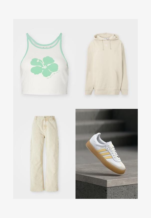 Beige hættetrøje lavet af bomuld, med en frontlomme, ribbet manchetter og et lille hvidt logo på brystet. Blød tekstur.; Hvid crop top med mintgrøn trim og et stort mintgrønt hibiscusblomstgrafik på forsiden, med en håndskrevet tekstdetalje nedenunder.; Beige bredde denim bukser med høj talje, der har en frontknap og lynlås, bæltesløjfer og sidelommer. Blød tekstur.; Hvid lædersneaker med gule accenter, tre striber og en gummisål i farven gum. Skoen har en rundet tå og en tekstureret tung.