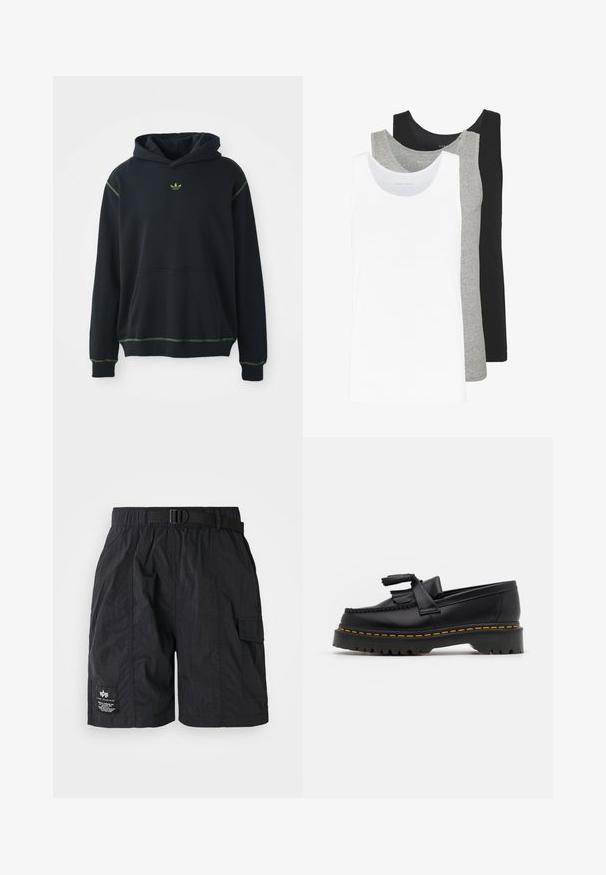 Černá mikina s kapucí a kapsou, s zelenými stehenními akcenty a malým zeleným logem na hrudi. Obsahuje stahovací kapuci a dlouhé rukávy.; Tři tílka v bílé, šedé a černé barvě. Každé má klasický bezrukávový design, je vyrobeno z lehkého bavlněného materiálu s žebrovanou texturou.; Černé cargo šortky vyrobené z lehkého materiálu, se stahovacími pásky, bočními kapsami a štítkem na levé noze.; Černé kožené mokasíny s třásněmi, se silnou černou podrážkou a žlutým prošíváním podél okraje. Texturovaný povrch.