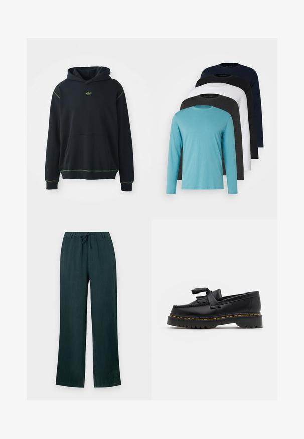 Svart hettegenser med lomme, grønne sømdetaljer og liten grønn logo på brystet. Har snor i hetta og lange ermer.; Fem lange ermer T-skjorter på rad: turkis, svart, hvit, mørkegrå og marineblå. Myk stoff med rund halsdesign og standard passform.; Mørkegrønne linbukser med avslappet passform, som har snøring i midjen og vide ben, glatt tekstur, og ingen synlige mønstre.; Svart skinn loafers med en kvastdetalj, med en tjock svart sula och gul sömnad längs kanten. Texturerad yta.