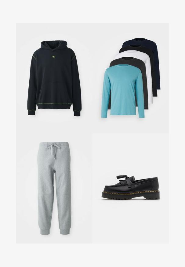 Black hoodie with a pocket, green stitching accents, and small green logo on the chest. Features a drawstring hood and long sleeves.; Five long-sleeve T-shirts in a row: turquoise, black, white, dark gray, and navy blue. Soft fabric with crew neck design and standard fit.; Grey fleece jogger pants with an elastic waistband, drawstring, and cuffed ankles. Features textured fabric and subtle seam detailing.; Black leather loafer with a tasseled accent, featuring a chunky black sole and yellow stitching along the edge. Textured finish.