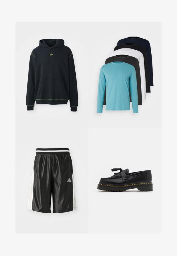 Um hoodie preto com um bolso, detalhes em costura verde e um pequeno logótipo verde no peito. Apresenta um capuz com cordão e mangas compridas.; Cinco T-shirts de manga longa em fila: turquesa, preto, branco, cinza escuro e azul-marinho. Tecido suave com design de gola redonda e ajuste padrão.; Calções de desporto pretos com uma textura suave, cintura elástica com riscas brancas e painéis laterais em malha para respirabilidade. Logótipo da Adidas presente.; Mocassim de couro preto com um detalhe de franjas, apresentando uma sola preta robusta e costura amarela ao longo da borda. Acabamento texturizado.