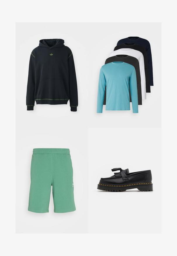 Svart hoodie med en ficka, gröna sömmar och en liten grön logotyp på bröstet. Har en dragsko i huva och långa ärmar.; Fem långärmade T-shirts i rad: turkos, svart, vit, mörkgrå och marinblå. Mjuk tyg med rund halsdesign och standardpassform.; adidas Originals Träningsbyxor - preloved green; Svart läderloafer med en tofsdetalj, med en kraftig svart sula och gul söm längs kanten. Strukturerad yta.