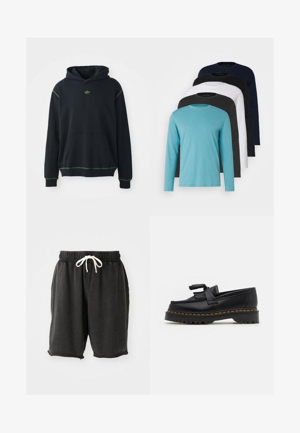 Must zwarte kapuutsiga, mis sisaldab taskut, roheline tikand ja väike roheline logo rinnal. Omab nööriga kapuutsi ja pikki varrukaid.; Viis pika varrukaga T-särki reas: türkiissinine, must, valge, tumehall ja marineeritud sinine. Pehme kangas, ümmargune kaelus ja tavaline lõike.; Mustmustest mustrid alasti vööga ja valge paelaga. Omab küljetaskuid ja lõpetamata serva väikeste tõmblukkudega detailidega.; Mustmust musta loafer, millel on frantsiisi aktsent, paks must tald ja kollane õmblus servas. Tekstuuriga viimistlus.