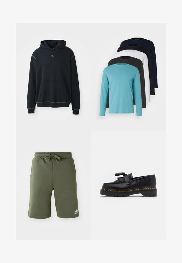 Schwarzer Hoodie mit einer Tasche, grünen Nähakzenten und kleinem grünem Logo auf der Brust. Hat eine Kapuze mit Kordelzug und lange Ärmel.; Fünf Langarm-T-Shirts in einer Reihe: türkis, schwarz, weiß, dunkelgrau und navyblau. Weicher Stoff mit Rundhalsausschnitt und normaler Passform.; Olivgrüne Shorts aus weichem Stoff, mit einem Kordelzugbund, Seitentaschen und einem gedruckten Logo auf der unteren rechten Seite.; Schwarze Lederloafers mit einem fransenverzierten Akzent, ausgestattet mit einer robusten schwarzen Sohle und gelber Naht entlang der Kante. Texturierte Oberfläche.