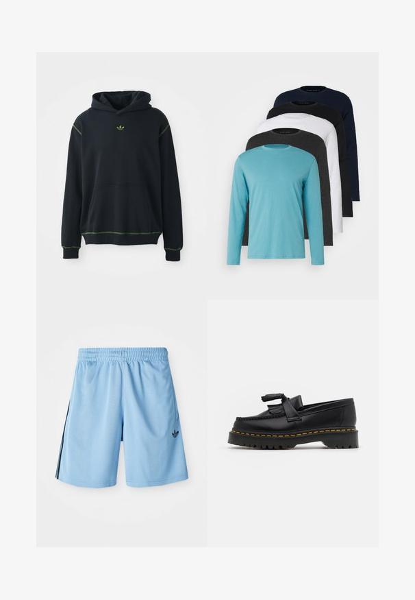 Um hoodie preto com um bolso, detalhes em costura verde e um pequeno logótipo verde no peito. Apresenta um capuz com cordão e mangas compridas.; Cinco T-shirts de manga longa em fila: turquesa, preto, branco, cinza escuro e azul-marinho. Tecido suave com design de gola redonda e ajuste padrão.; Calções atléticos de cor azul clara, feitos de tecido liso, com um cós elástico e riscas pretas laterais, apresentando um pequeno logótipo preto no lado inferior esquerdo.; Mocassim de couro preto com um detalhe de franjas, apresentando uma sola preta robusta e costura amarela ao longo da borda. Acabamento texturizado.