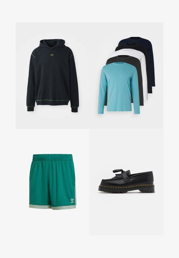 Μαύρη φόρμα με τσέπη, πράσινα διακοσμητικά ράμματα και μικρό πράσινο λογότυπο στο στήθος. Διαθέτει κουκούλα με κορδόνι και μακριά μανίκια.; Πέντε μακριά μανίκια μπλούζες το ένα δίπλα στο άλλο: τουρκουάζ, μαύρο, λευκό, σκούρο γκρι και ναυτικό μπλε. Μαλακό ύφασμα με σχέδιο για λαιμό crew και κανονική εφαρμογή.; Πράσινα αθλητικά σορτς από διχτυωτό ύφασμα με ελαστική μέση. Διαθέτει γκρι λεπτομέρειες στο τελείωμα και ένα μικρό λευκό λογότυπο Adidas στο κάτω μέρος στο μπροστινό μέρος.; Μαύρο δερμάτινο loafer με τασέλ καφέ, με χοντρή μαύρη σόλα και κίτρινη ραφή στην άκρη. Υφή με υλικό texture.
