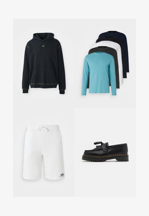 Čierna mikina s kapucňou a vreckom, s zelenými ozdobnými švami a malým zeleným logom na hrudi. Obsahuje šnúrku na stiahnutie a dlhé rukávy.; Päť tričiek s dlhým rukávom v rade: tyrkysová, čierna, biela, tmavošedá a námornícka modrá. Mäkká látka s kruhovým výstrihom a štandardným strihom.; Biele bavlnené šortky s elastickým pásom a šnúrkou. Obsahujú potlačené logo na dolnej ľavej strane a sú hladké na dotyk.; Čierne kožené loafre s detailom na strapcoch, s masívnou čiernou podrážkou a žltým prešitím pozdĺž okraja. S textúrovaným povrchom.