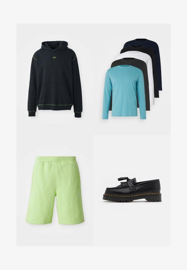 Zwarte hoodie met een zak, groene stiksels en een klein groen logo op de borst. Voorzien van een verstelbare capuchon en lange mouwen.; Vijf longsleeve T-shirts in een rij: turquoise, zwart, wit, donkergrijs en marineblauw. Zachte stof met een ronde hals en een standaard pasvorm.; Limoengroene shorts van zachte stof, met een elastische tailleband,zijzakken en een klein wit logo aan de onderzijde rechts.; Zwarte leren loafers met een franjesaccent, voorzien van een dikke zwarte zool en gele stiksels langs de rand. Gevoelige afwerking.
