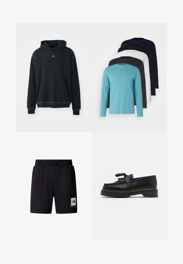 Czarna bluza z kapturem z kieszenią, z zielonymi akcentami przeszyć i małym zielonym logo na klatce piersiowej. Posiada kaptur ze sznurkiem i długie rękawy.; Pięć koszulek z długim rękawem w rzędzie: turkusowa, czarna, biała, ciemnoszara i granatowa. Miękka tkanina, okrągły dekolt i standardowy krój.; Czarne szorty sportowe wykonane z miękkiego materiału, z elastycznym pasem ze sznurkiem i białą naszywką logo na lewej udzie.; Czarny skórzany mokasyn z frędzelkowymi akcentami, z masywną czarną podeszwą i żółtym przeszyciem wzdłuż krawędzi. Teksturowane wykończenie.