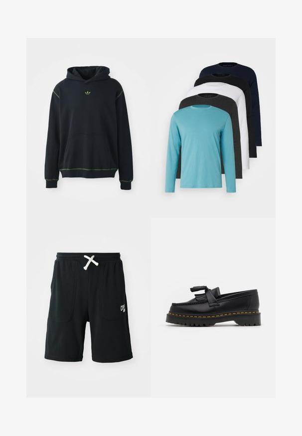 Črna kapuca s žepom, z zelenimi šivi in majhnim zelenim logotipom na prsih. Ima kapuco z vrvico in dolge rokave.; Pet srajce z dolgimi rokavi v vrsti: turkizna, črna, bela, temno siva in mornarsko modra. Mehka tkanina z okroglim izrezom in standardno prileganje.; Črne kratke hlače iz mehkega materiala z elastičnim pasom in belim vrvico, dvema sprednjima žepoma ter logotipom na levi nogi.; Črne usnjene loafersice s kaširanim naglasom, z debelim črnim podplatom in rumenim šivom ob robu. Teksturirana površina.