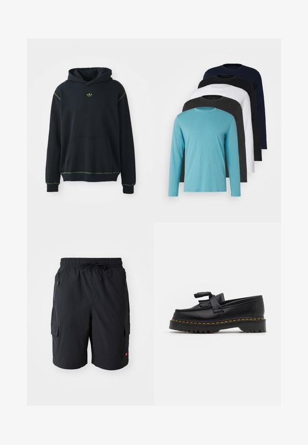 Juodas džemperis su kišene, žaliais siuvinėjimo akcentais ir mažu žaliu logotipu ant krūtinės. Turi reguliuojamą gobtuvą ir ilgomis rankovėmis.; Penki ilgomis rankovėmis marškiniai išdėstyti eilėje: turkio, juodos, baltos, tamsiai pilkos ir tamsiai mėlynos spalvų. Minkšta medžiaga su apvalia apykakle ir standartiniu gaminiu.; Juodi cargo šortai su elastine juosmeniu ir raišteliu, su šoninėmis kišenėmis su užtrauktukais ir kišene ant šlaunies.; Juodas odinis loaferis su kutais, turintis masyvų juodą pado ir geltonus siūlus palei kraštą. Textūruota danga.