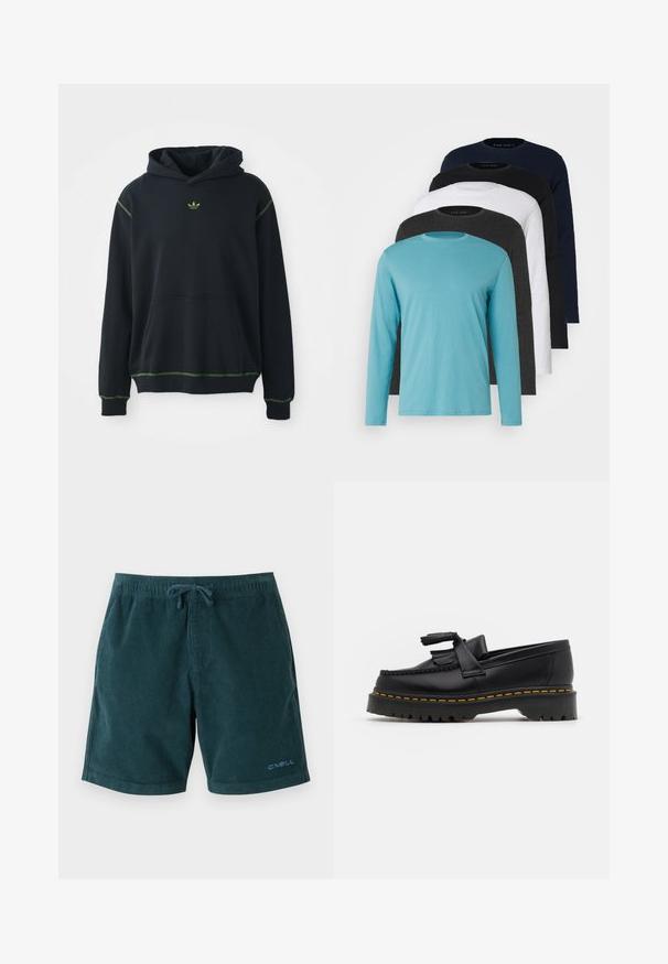 Čierna mikina s kapucňou a vreckom, s zelenými ozdobnými švami a malým zeleným logom na hrudi. Obsahuje šnúrku na stiahnutie a dlhé rukávy.; Päť tričiek s dlhým rukávom v rade: tyrkysová, čierna, biela, tmavošedá a námornícka modrá. Mäkká látka s kruhovým výstrihom a štandardným strihom.; Tmavý teal kordurový materiál plavkové šortky s elastickým pásom a šnúrkou na zaviazanie. Obsahuje logo na dolnej pravej nohe. Hladká textura, dizajn po kolená.; Čierne kožené loafre s detailom na strapcoch, s masívnou čiernou podrážkou a žltým prešitím pozdĺž okraja. S textúrovaným povrchom.