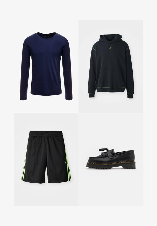 Schwarzer Hoodie mit einer Tasche, grünen Nähakzenten und kleinem grünem Logo auf der Brust. Hat eine Kapuze mit Kordelzug und lange Ärmel.; Navyblaues Langarm-T-Shirt aus weicher Baumwolle, mit klassischem Rundhalsausschnitt und einer glatten Textur ohne sichtbare Muster oder Akzente.; Schwarze Sportshorts mit elastischem Bund, ausgestattet mit zwei vertikalen neongrünen Streifen auf jeder Seite und einem kleinen Logo auf der linken Vorderseite.; Schwarze Lederloafers mit einem fransenverzierten Akzent, ausgestattet mit einer robusten schwarzen Sohle und gelber Naht entlang der Kante. Texturierte Oberfläche.