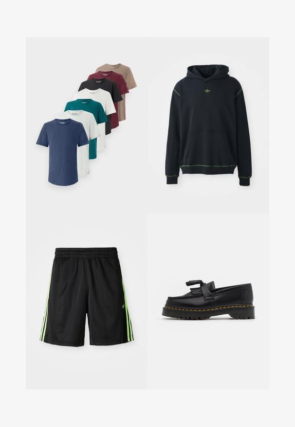Juodas džemperis su kišene, žaliais siuvinėjimo akcentais ir mažu žaliu logotipu ant krūtinės. Turi reguliuojamą gobtuvą ir ilgomis rankovėmis.; Septyni medvilniniai marškiniai trumpomis rankovėmis įvairiomis spalvomis: tamsiai mėlyna, alyvuogių, balta, juoda, burgundinė, pilka ir ruda. Kiekvienas turi apvalų kaklą.; Juodos sportinės šortai su elastinga juosmale, turinčios dvi vertikalias neoninės žalios spalvos juostas abiejose pusėse ir mažą logotipą priekyje kairėje pusėje.; Juodas odinis loaferis su kutais, turintis masyvų juodą pado ir geltonus siūlus palei kraštą. Textūruota danga.