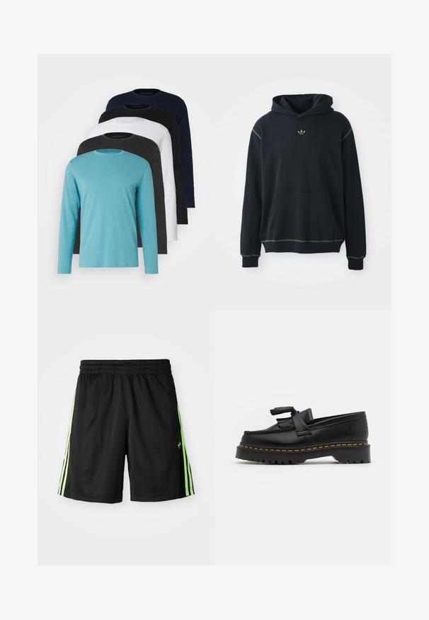 Mustapaita, jossa on tasku, vihreitä ompeleita ja pieni vihreä logo rinnassa. Varustettu kiristettävällä hupulla ja pitkillä hihoilla.; Viisi pitkähihapaitaa rivissä: turkoosi, musta, valkoinen, tummanharmaa ja tummansininen. Pehmeä kangas, jossa pyöreä kaula-aukko ja normaali istuvuus.; Mustat urheilushortsit, joissa on joustava vyötärö, ja kummallakin puolella on kaksi pystysuoraa neonvihreää raitaa sekä pieni logo vasemmalla edessä.; Musta nahkakengät, joissa on tupsuakkentti, paksu musta pohja ja keltainen ommel reunassa. Rakeinen pinta.