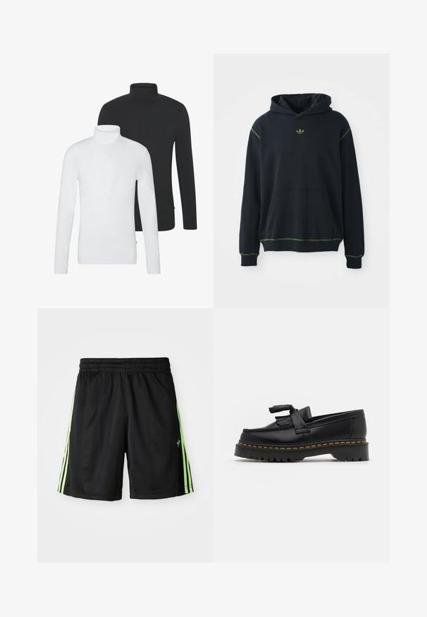 Sort hættejakke med lomme, grønne syninger og lille grønt logo på brystet. Har en hætte med snøringer og lange ærmer.; To sæt af langærmede højhalset bluser: en i hvid og en i sort. Begge har et blødt bomuldsblandingsmateriale og en tætsiddende pasform.; Sorte sportshorts med elastisk talje, med to lodrette neongrønne striber på hver side og et lille logo på venstre front.; Sort læderloafer med en frynsedetalje, der har en kraftig sort sål og gul syninger langs kanten. Teksturert overflade.