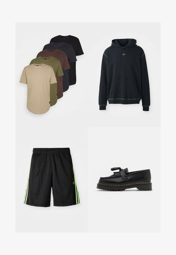 Felpa nera con cappuccio e tasca, con dettagli di cuciture verdi e un piccolo logo verde sul petto. Presenta un cappuccio regolabile e maniche lunghe.; Cinque t-shirt disposte in colori sfumati: beige, oliva, marrone, blu scuro e nero. Realizzate in cotone morbido, con maniche corte e collo rotondo.; Pantaloni sportivi neri con elastico in vita, dotati di due strisce verticali verde neon su ciascun lato e un piccolo logo sulla parte anteriore sinistra.; Mocassino in pelle nera con un'accento a frange, dotato di una suola nera spessa e cuciture gialle lungo il bordo. Finitura testurizzata.