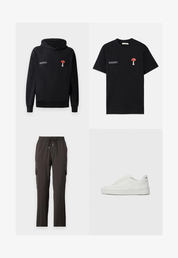 Schwarze Kapuzenjacke mit einer vorderen Kängurutasche, ausgestattet mit einer roten und weißen Pilzbestickung auf der Brust und weißem Text an der Seite.; Schwarzes Baumwoll-T-Shirt mit einer strukturierten roten Pilzstickerei auf der linken Brust und weißen Textgrafiken auf der gegenüberliegenden Seite.; Dunkelbraune Cargo-Hosen mit elastischem Bund, verstellbarem Kordelzug und seitlichen Taschen zur Aufbewahrung. Glatte Stofftextur, gerades Bein-Design.; Weiße Ledersneaker mit glatter Oberfläche, runder Zehenpartie, flachen Schnürsenkeln und strukturiertem Sohlenprofil. Mit einem dezenten Logo an der Ferse.