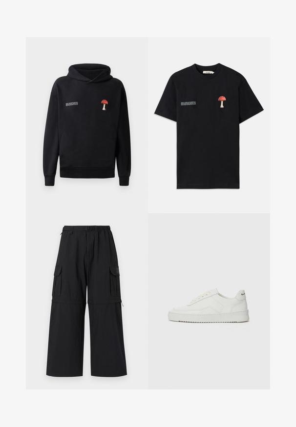 Svart hettegensers med en frontlomme, prydet med rød og hvit soppbroderi på brystet og hvit tekst på siden.; Svart bomull T-skjorte med teksturert rød soppbroderi på venstre bryst og hvite tekstgrafikker på motsatt side.; Sorte cargo bukser med vide ben, elastisk talje og flere sidelommer. Laget av lett stoff med en jevn tekstur.; Hvite lærersneakers med en jevn overflate, rund tå, flate lisser og en teksturert såle. Har en subtil logo på hælen.